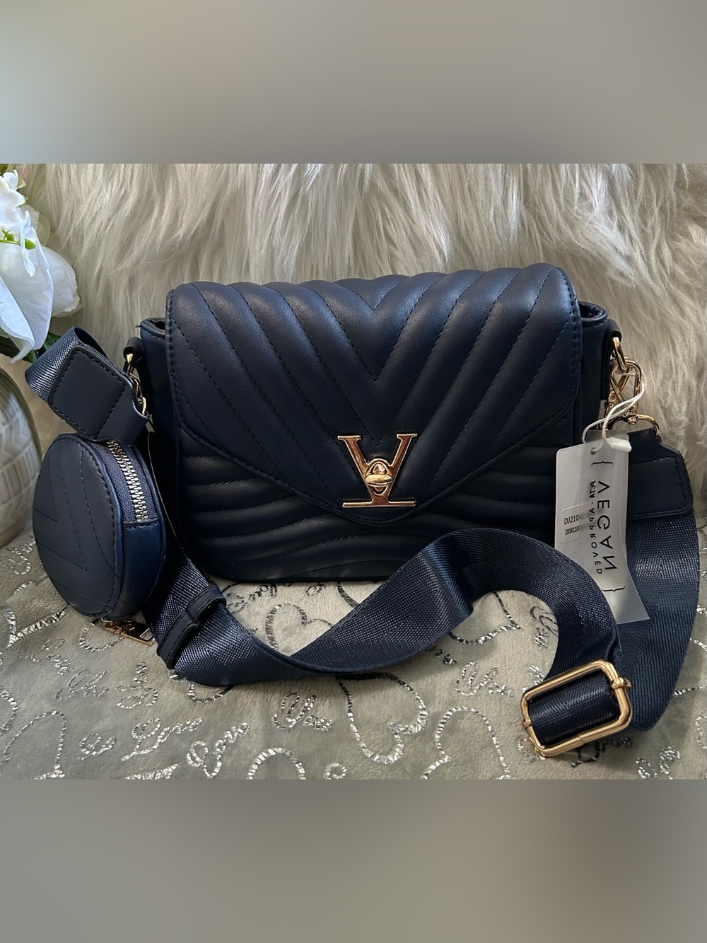 NWT Quilted Navy Crossbody Bag with Gold Accent
